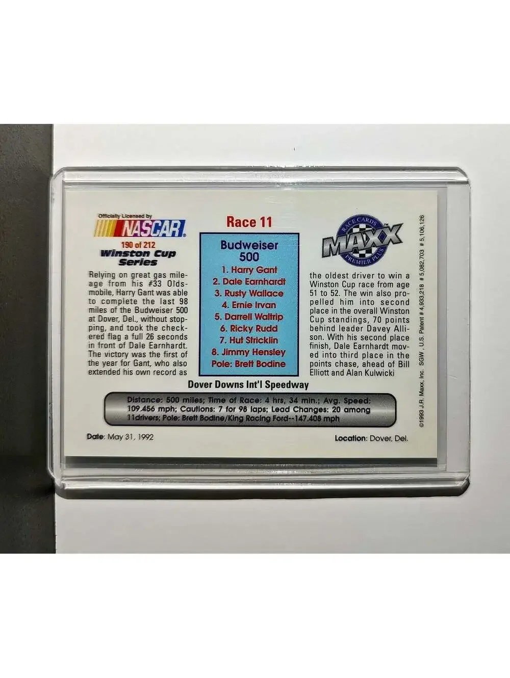 Race 11 Dover YR 1993 Maxx Premier Plus Racing #190 NASCAR Card